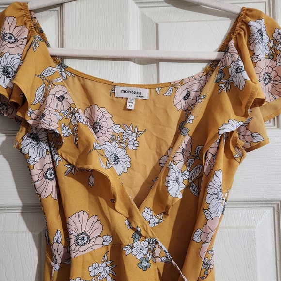 Monteau Mustard Yellow Floral Wrap Midi Dress - Picture 3 of 4
